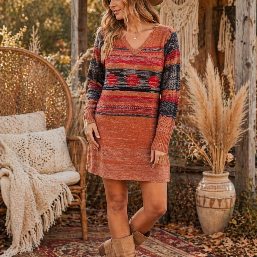 Isbit Multicolor Knit Sweater Dress Women’s S/M Boho Tribal Pattern V-Neck Cozy